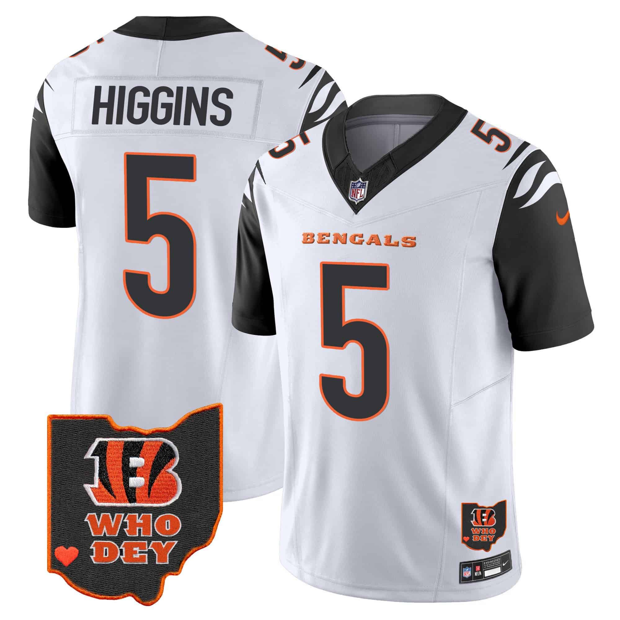 Men Cincinnati Bengals #5 Higgins White 2024 Nike Patch Vapor Limited NFL Jersey style 1